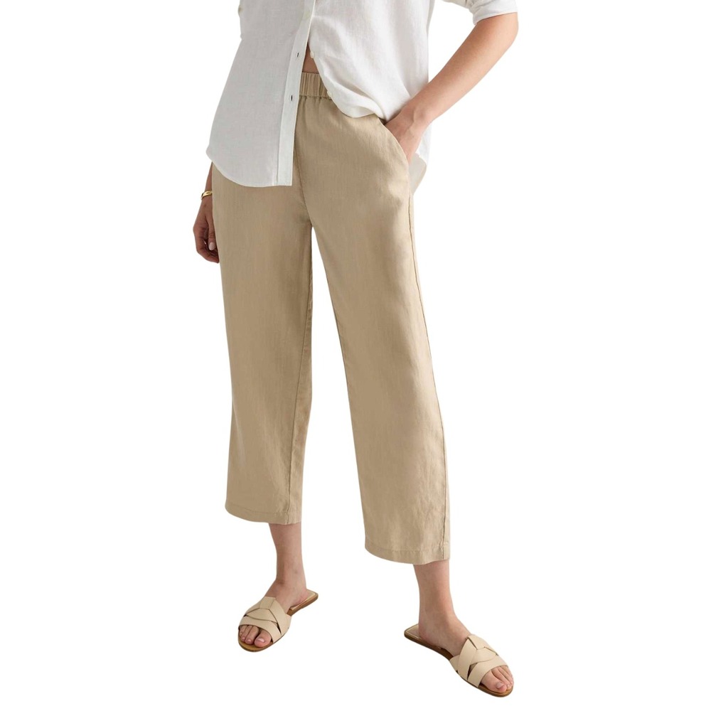 Quince Pants Small Tan Beige 100% European Linen Straight Leg Cropped Pull On